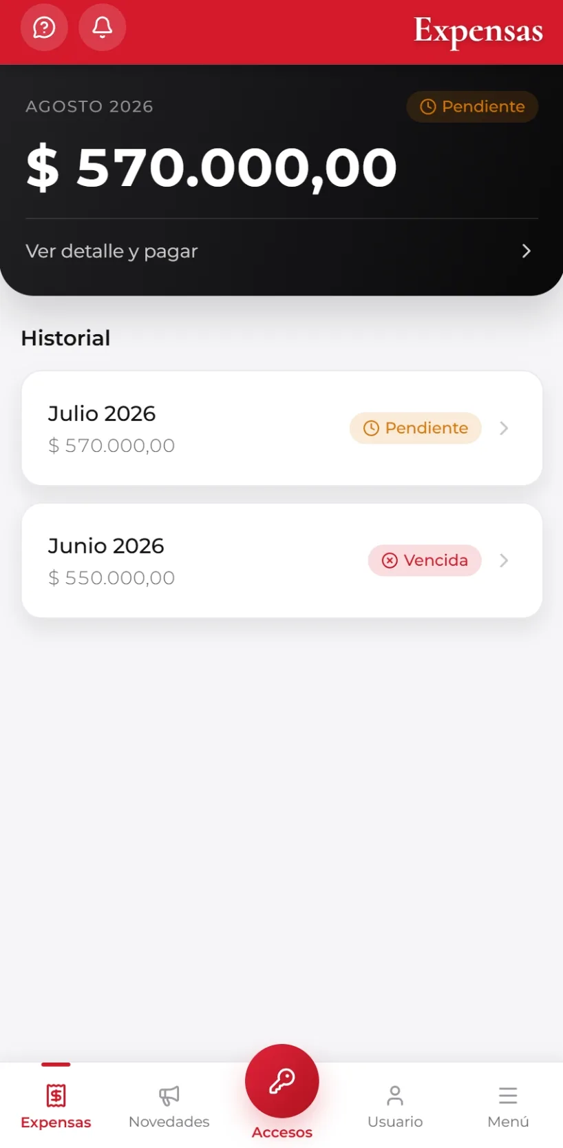 Pantalla de expensas de la aplicación de Edelweiss